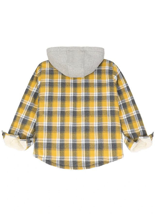 Back view of boy in a kids Yellow hooded flannel jacket
