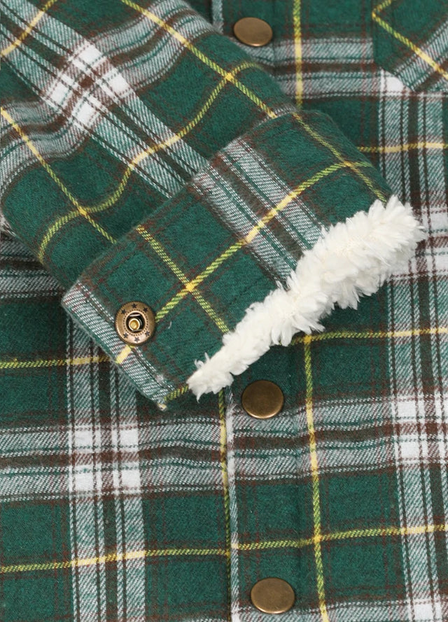 Close-up of cuff with button on kids green white plaid flannel jacket