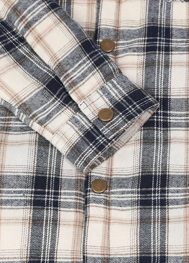 Close-up of cuff with button on kids Navy Beige plaid flannel jacket