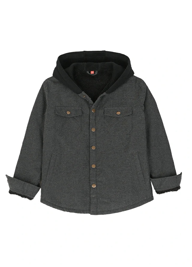 Front view of kids fleece-lined black flannel jacket