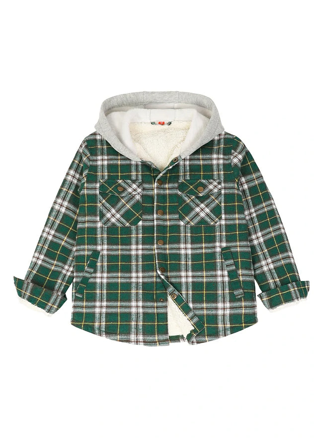 Front view of kids fleece-lined green white flannel jacket