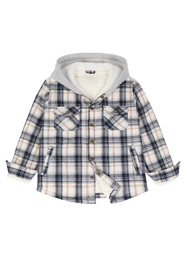 Front view of kids fleece-lined Navy Beige flannel jacket