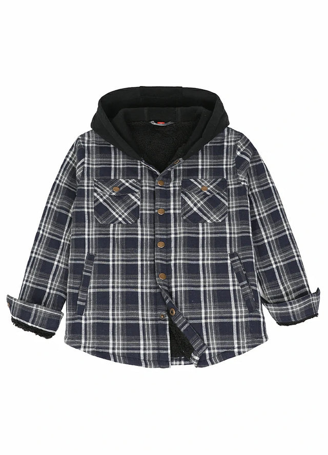 Front view of kids fleece-lined Navy White flannel jacket