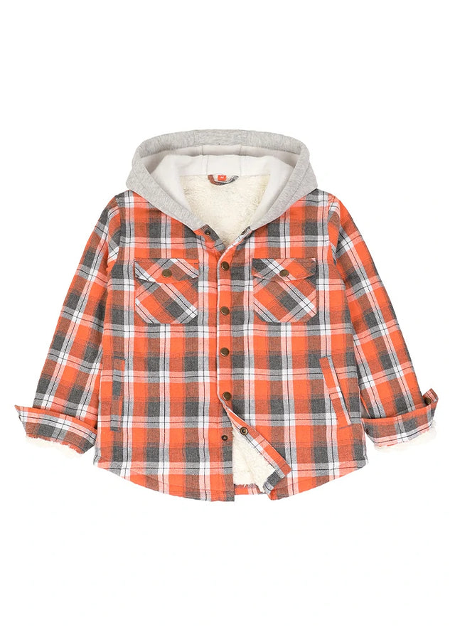 Front view of kids fleece-lined Orange Gray flannel jacket