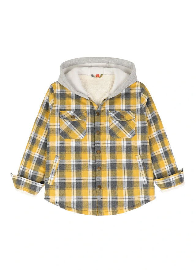 Front view of kids fleece-lined Yellow flannel jacket