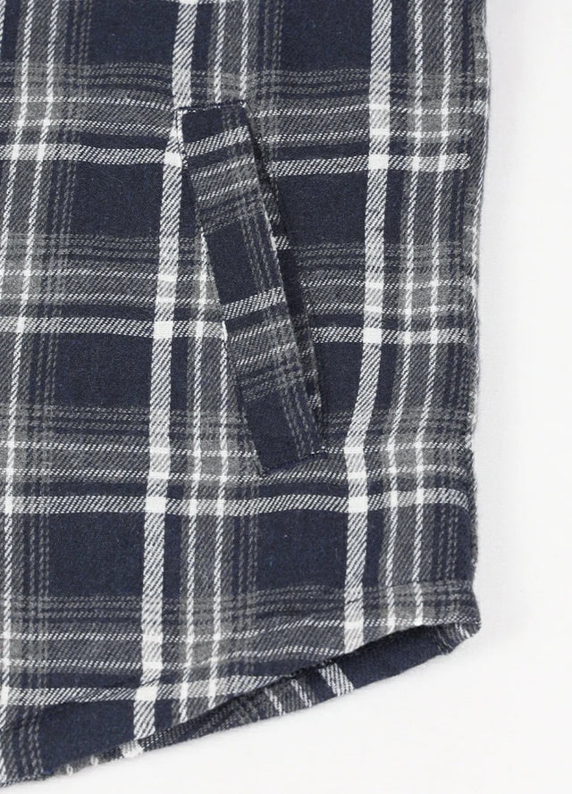 Detail of kids Navy White plaid flannel jacket with warm hand pocket