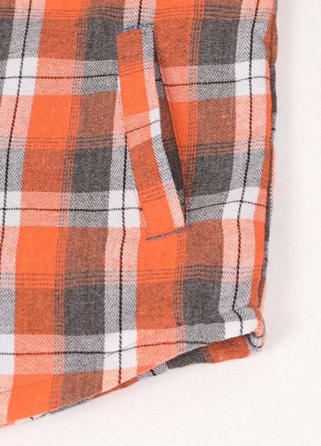 Detail of kids Orange Gray plaid flannel jacket with warm hand pocket