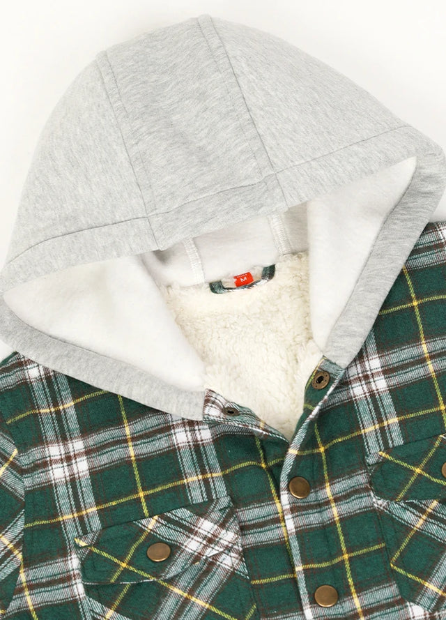 Close-up of hood detail on kid's green and white flannel jacket
