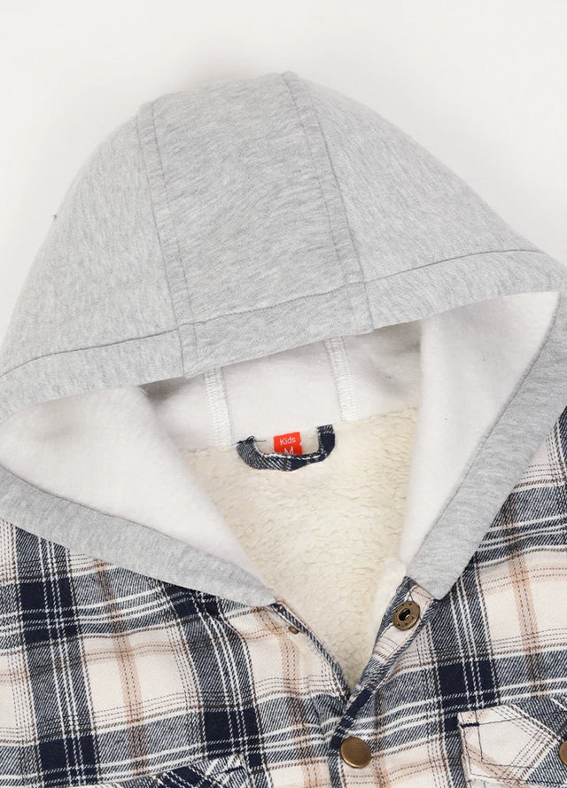 Close-up of hood detail on kid's Navy Beige flannel jacket