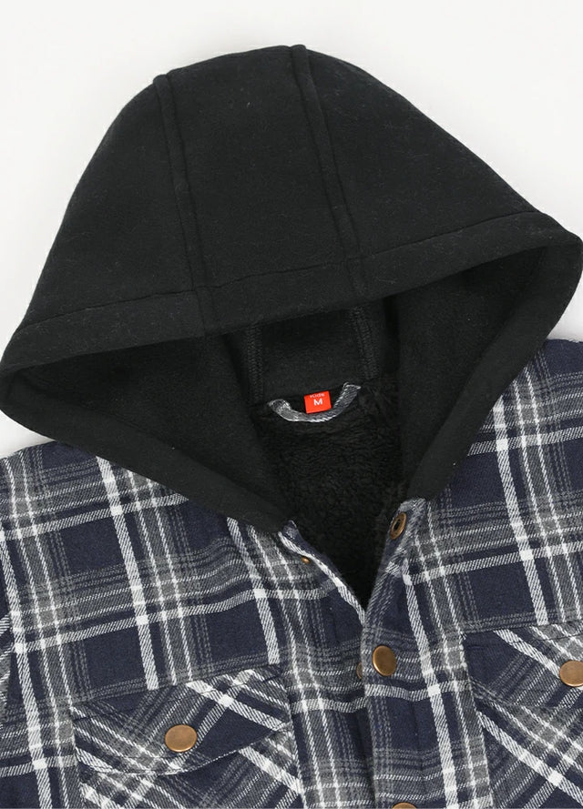 Close-up of hood detail on kid's Navy White flannel jacket