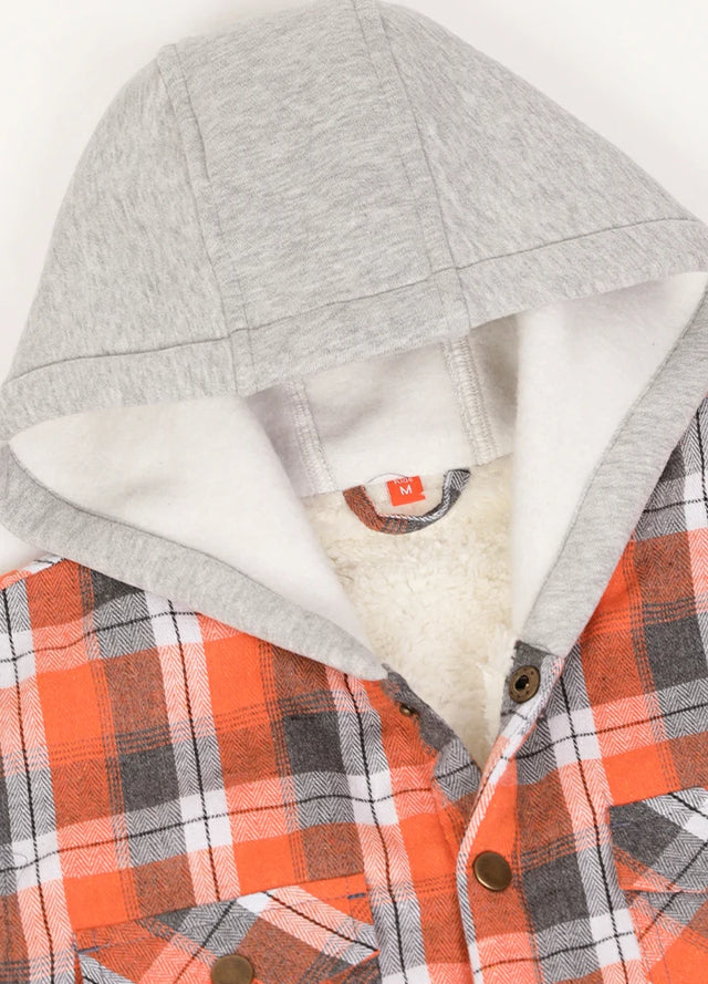 Close-up of hood detail on kid's Orange Gray flannel jacket