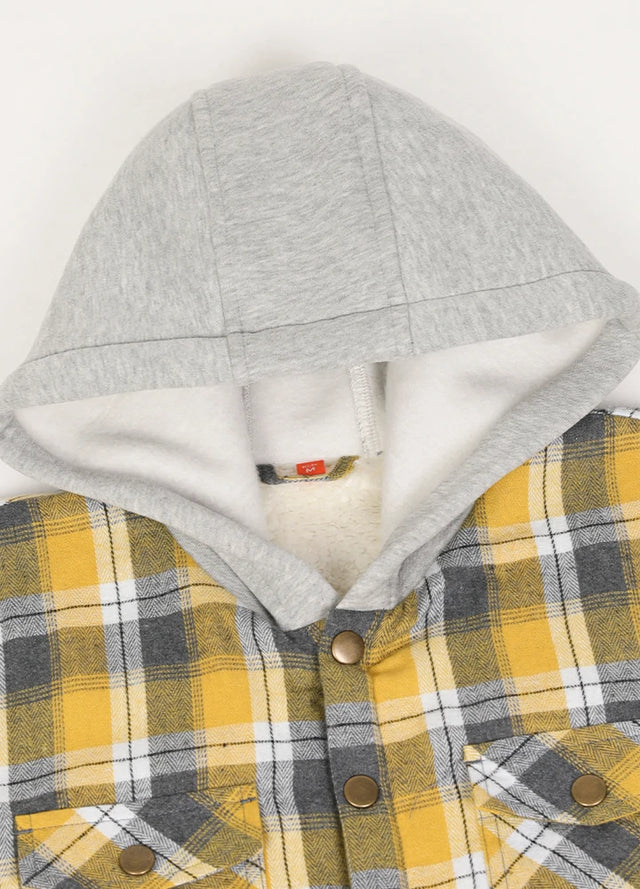 Close-up of hood detail on kid's Yellow flannel jacket
