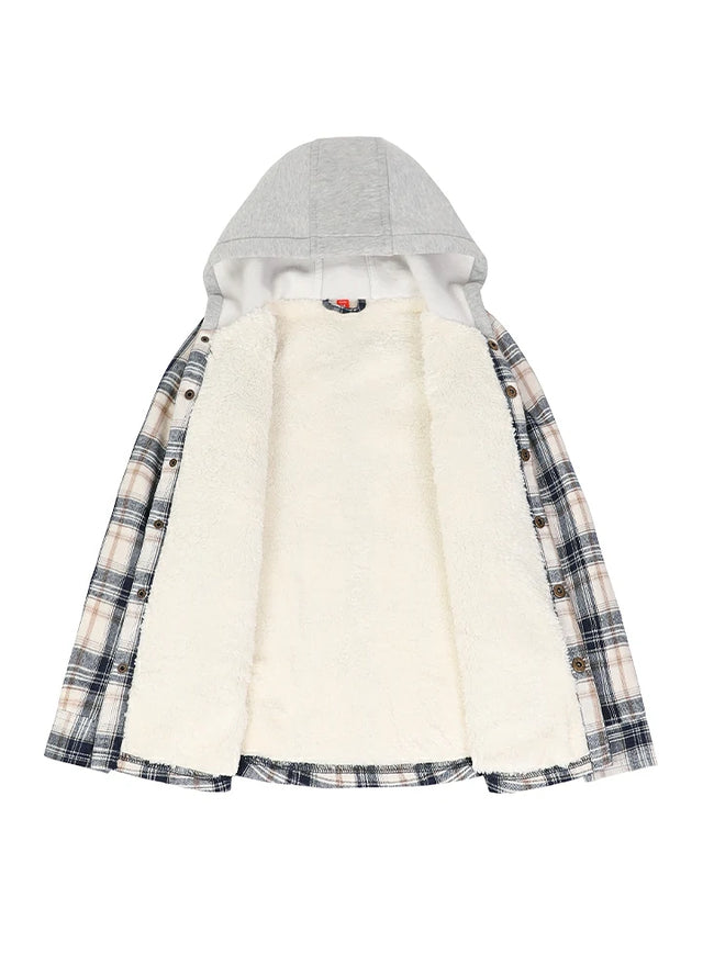 Detailed view of the inner lining on kid's Navy Beige hooded flannel jacket