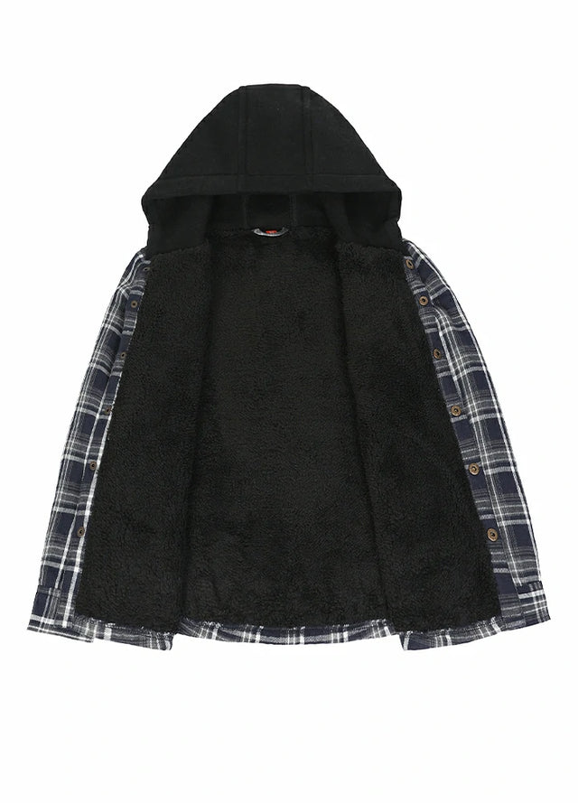 Detailed view of the inner lining on kid's navy and white hooded flannel jacket