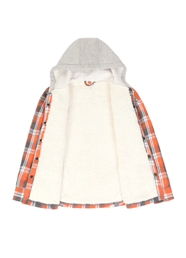 Detailed view of the inner lining on kid's Orange Gray hooded flannel jacket