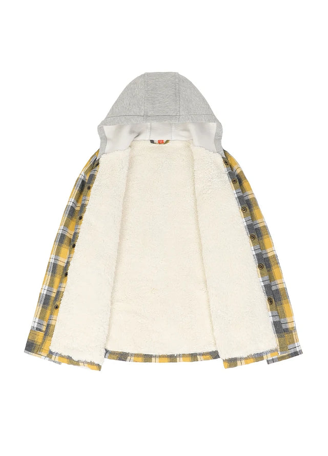 Detailed view of the inner lining on kid's Yellow hooded flannel jacket