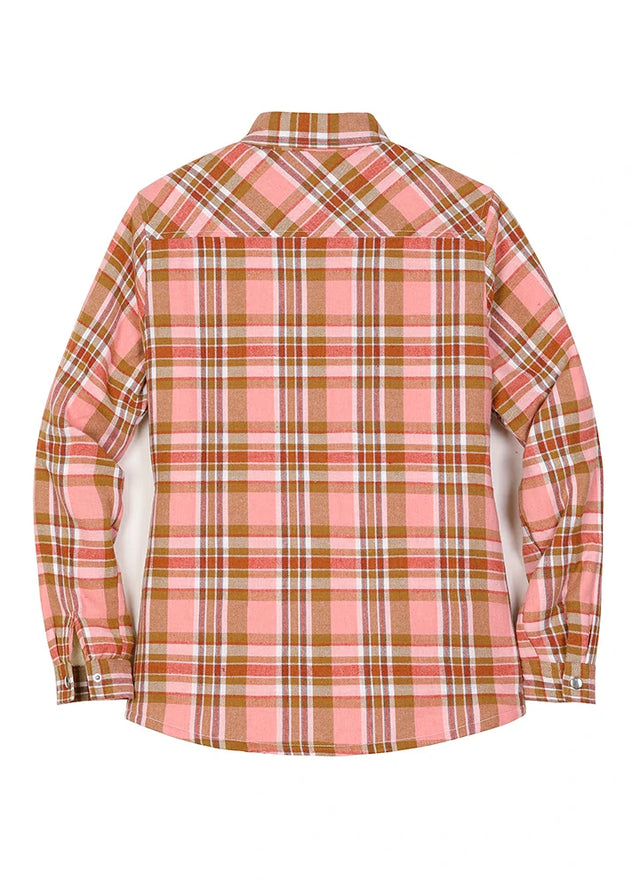 Back view of women in a winter warm peach pink flannel shirt jacket