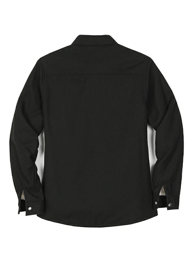 Back view of women in a winter warm solid black flannel shirt jacket