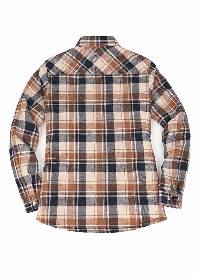 Back view of women in a winter warm brown black flannel shirt jacket