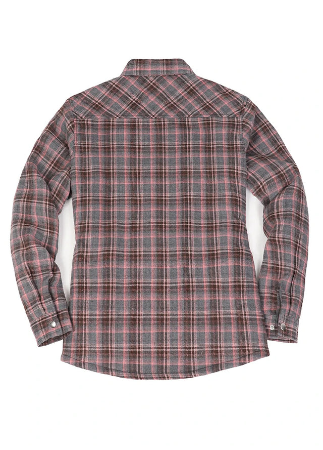 Back view of women in a winter warm gray pink flannel shirt jacket