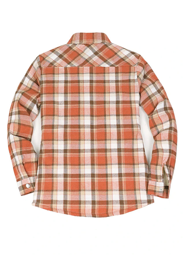 Back view of women in a winter warm rust red flannel shirt jacket