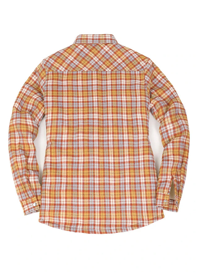 Back view of women in a winter warm orange plaid flannel shirt jacket