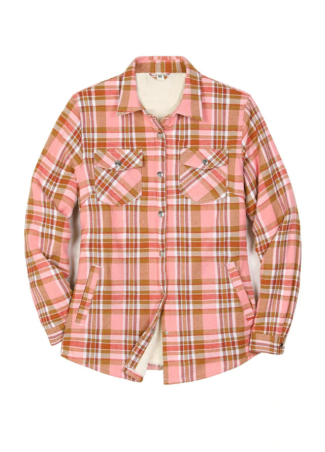 Front view of a women's snap sherpa lined peach pink flannel jacket