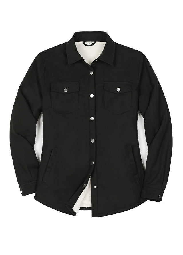 Front view of a women's snap sherpa lined solid black flannel jacket