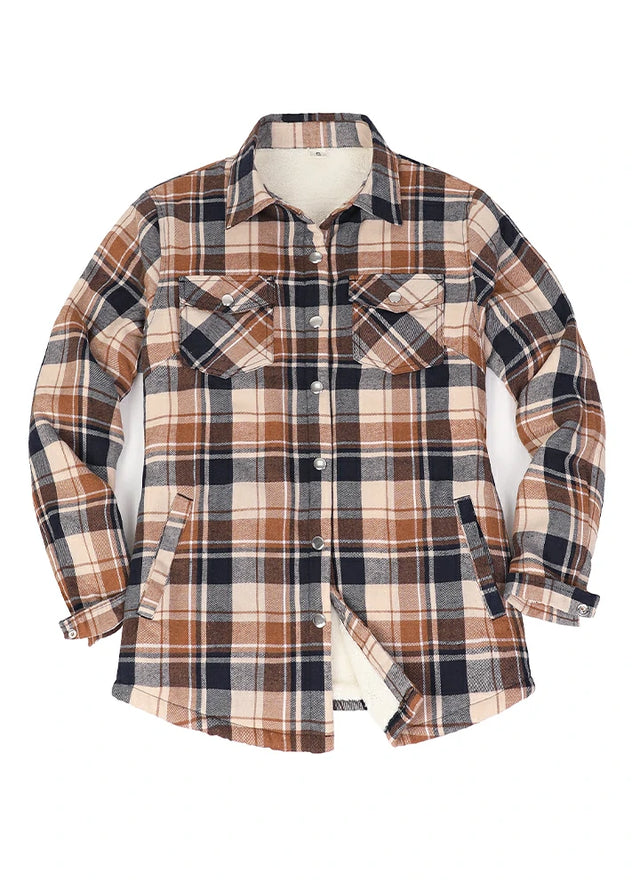 Front view of a women's snap sherpa lined brown black flannel jacket