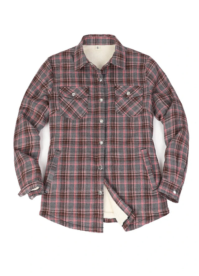 Front view of a women's snap sherpa lined gray pink flannel jacket