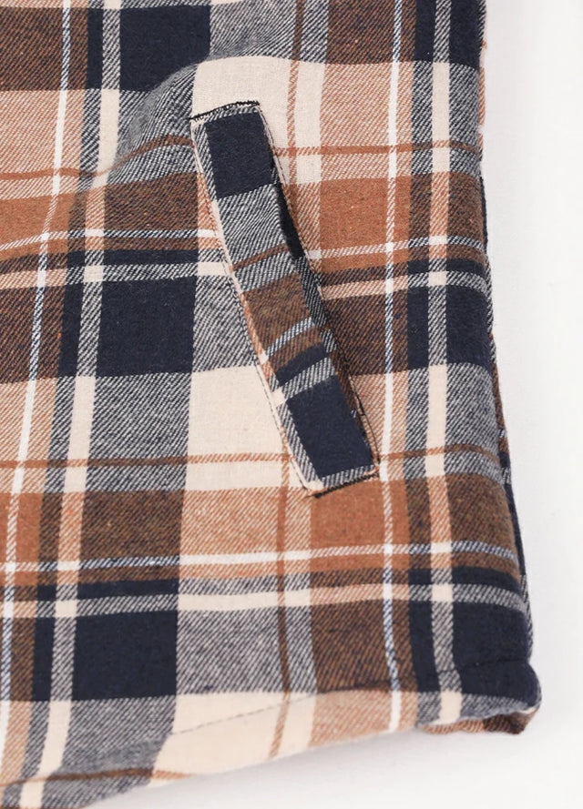 Close-up of women's brown black sherpa-lined shirt jacket hand pocket