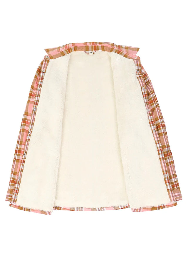 Open view of a women's peach pink sherpa lined flannel plaid jacket