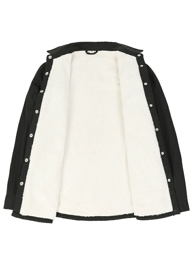 Open view of a women's solid black sherpa lined flannel plaid jacket