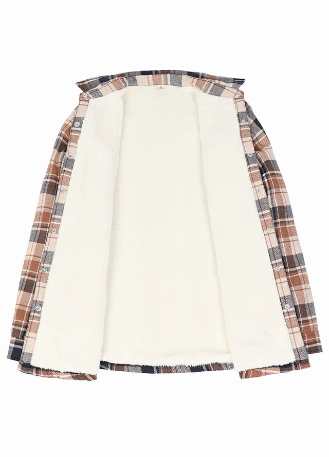 Open view of a women's brown black sherpa lined flannel plaid jacket