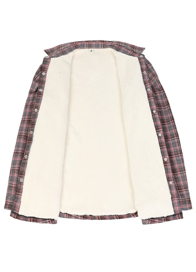 Open view of a women's gray pink sherpa lined flannel plaid jacket