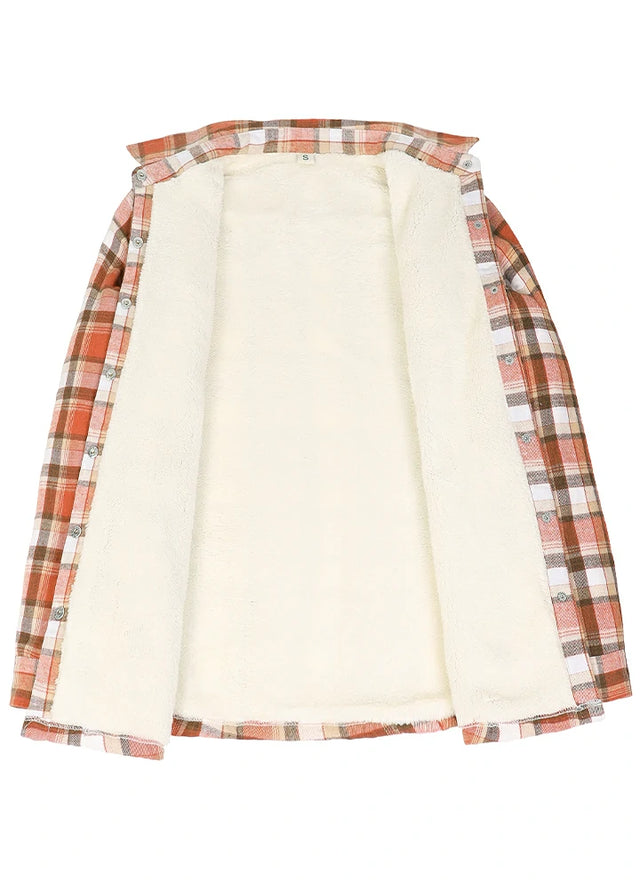 Open view of a women's rust red sherpa lined flannel plaid jacket