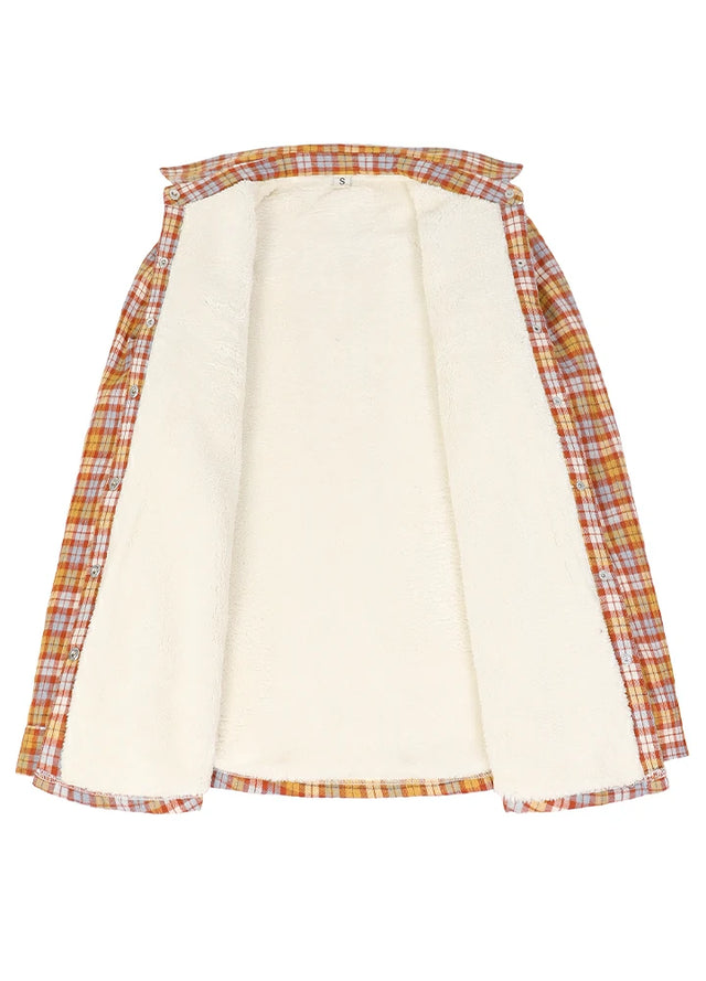 Open view of a women's orange plaid sherpa lined flannel plaid jacket