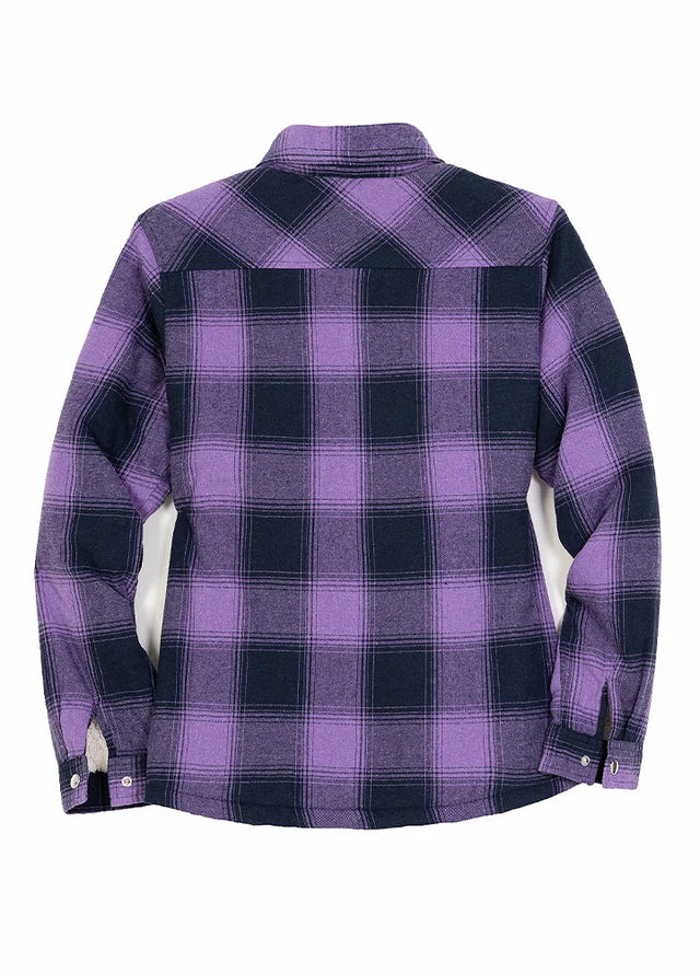 Back view of women in a winter warm purple plaid flannel shirt jacket