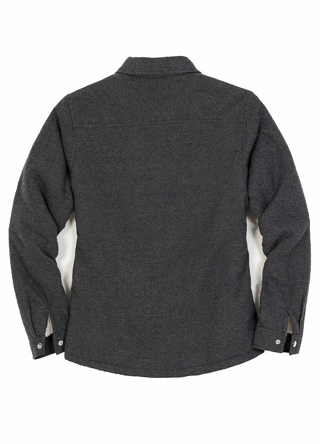 Back view of women in a winter warm solid gray flannel shirt jacket