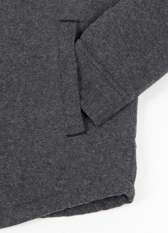 Close-up of women's solid gray sherpa-lined shirt jacket hand pocket