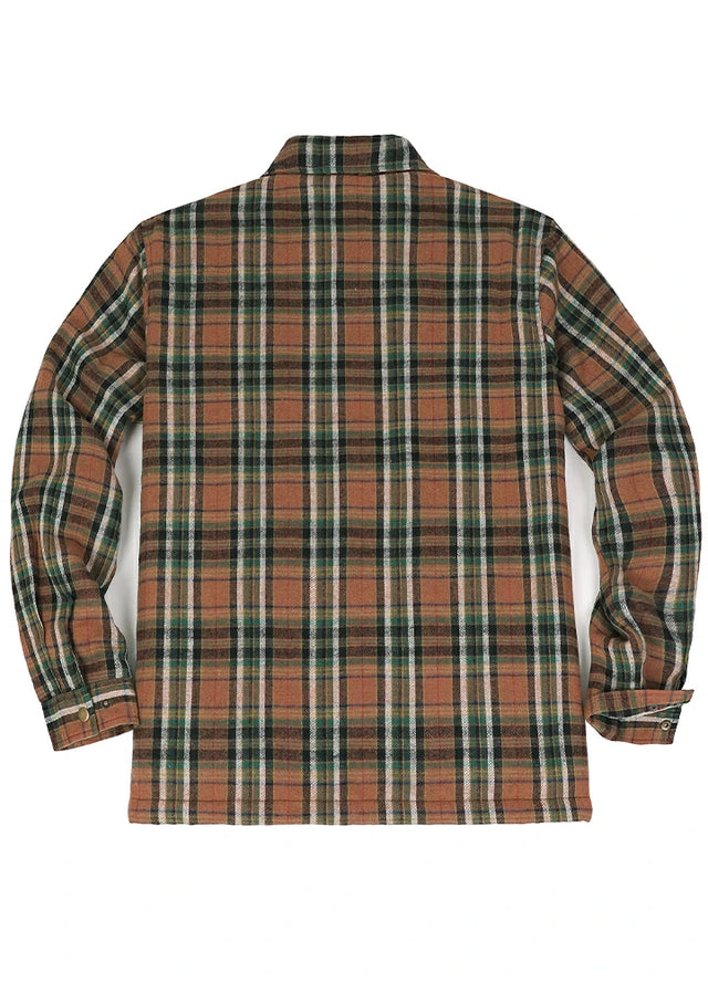Back view of a brown green sherpa lined plaid shacket for men
