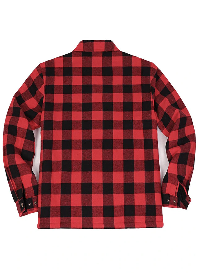 Back view of a black red men's cozy sherpa lined plaid shacket