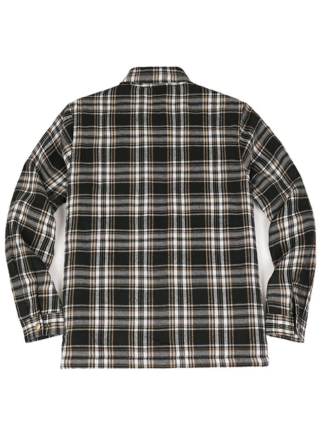 Back view of zipper closed coffee black men's fleece lined flannel shacket