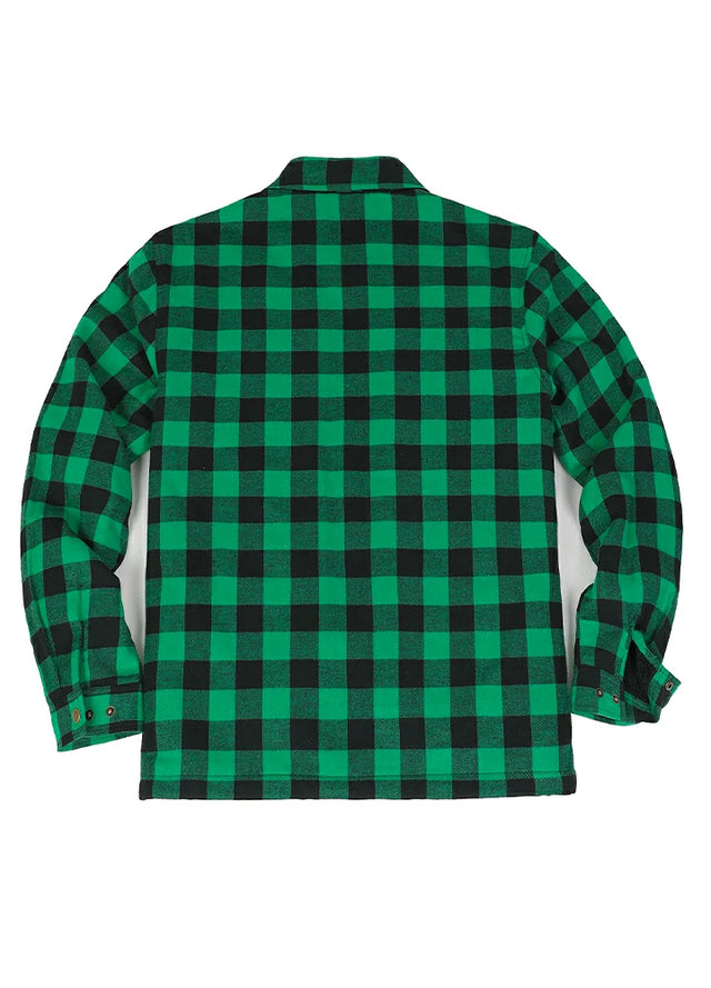 Back view of a green black men's cozy sherpa lined plaid flannel shacket