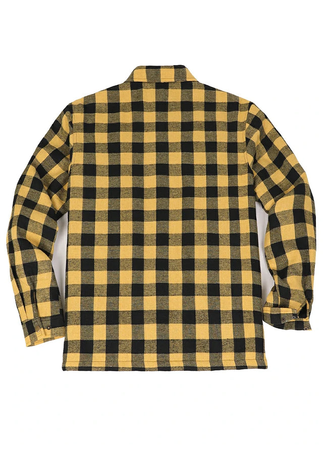 Back view of yellow black warm sherpa lined plaid flannel shacket for men
