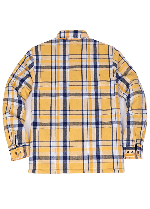 Back view of a yellow and navy sherpa lined flannel plaid jacket for men