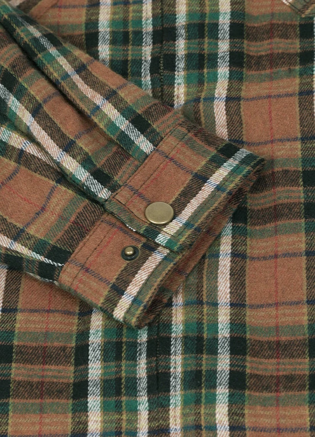 Close-up of the cuff of the brown green sherpa lined plaid shacket for men