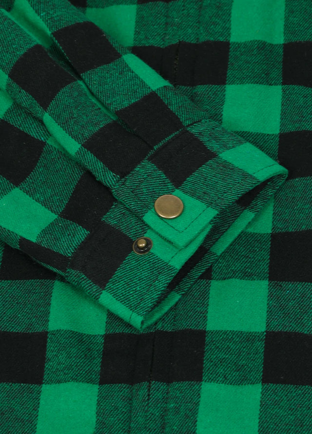 Close-up of the cuff of green black men's warm sherpa lined plaid flannel shacket