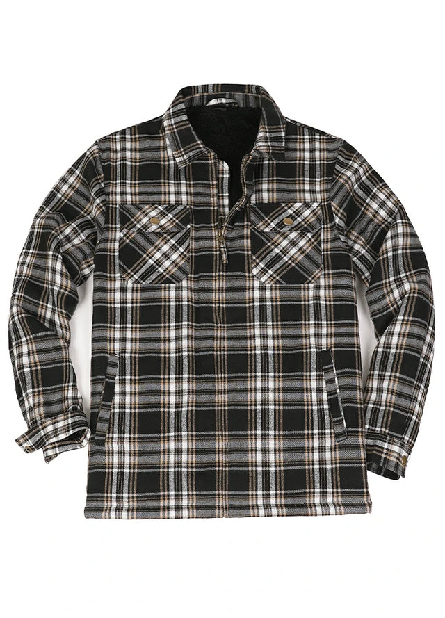 Front view of zipper closed coffee black men's fleece lined flannel shacket
