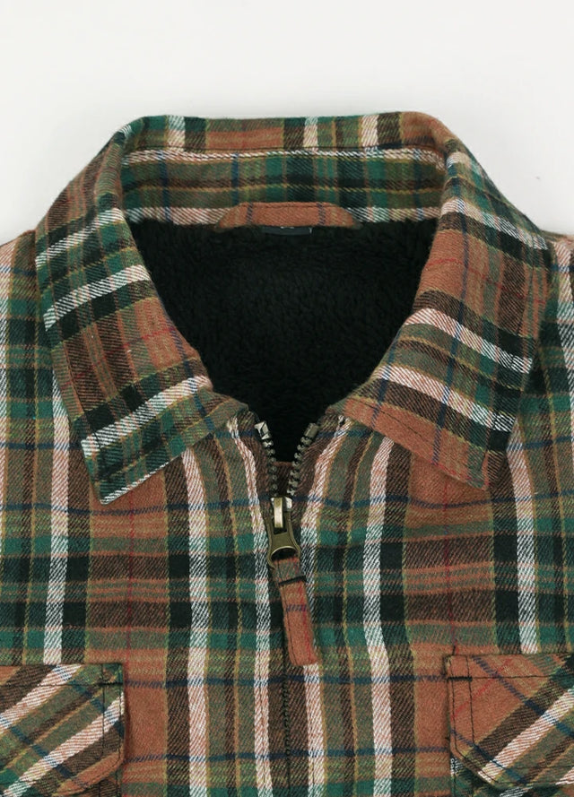 Close-up of the lapel of the brown green sherpa lined plaid shacket for men
